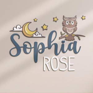 May include: A wall decoration featuring the name "Sophia" in blue script above "ROSE" in white block letters. The design includes a yellow crescent moon, clouds, stars, and a brown owl perched on a branch.
