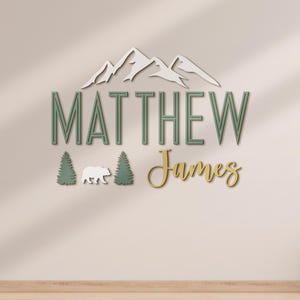 Nom personnalisé personnalisé en bois pour chambre de bébé, ours des bois, décoration murale personnalisée en bois de la faune, décoration de baby shower, cadeau unique pour chambre d&#39;enfant pour fille