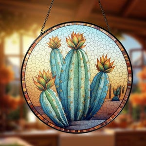 Cactus Stained Glass Suncatcher Window Hanging Decor, New House Decor, Flower Lover, Gift For Mom, Flower Ornament Cactus Windchimes