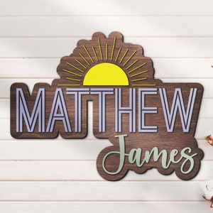 Custom Boho Sun Wood Nursery Name Sign Personalized Wooden Sunset Crib Room Decor Baby Shower Boy Girl Birthday Gift Sun Nursery Decor