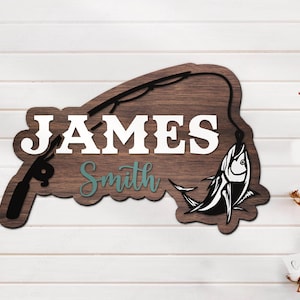 Custom Tuna Fishing Fish Pole Wood Nursery Name Sign Personalized Fisher Name Wooden Door Sign Decor Baby Shower Boy Girl Birthday Gift