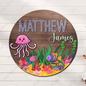 Custom Under The Sea Animal Wood Nursery Name Sign Personalized Jellyfish Wooden Above Crib Decor Navy Sign Baby Shower Boy Girl Birthday