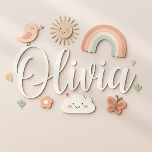 Personalized Cute Rainbowl Wooden Nursery Name Sign Custom Bird Wood Wall Decor Wildflower Decoration Baby Shower Unique Girl Kid Room Gift