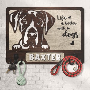 Custom Wooden Leash Holder For Wall Personalized Great Dane Paw Print Key Holder Mudroom Leash Hanger Engagement Gift Dog Wall Hanging