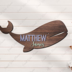 Custom Whale 3D Kid Wood Nursery Name Sign Personalized Large Beach Whale Lover Wooden Wall Decor Baby Shower Boy Birthday Gift