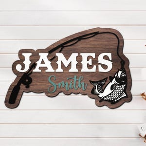 Custom Crap Fishing Fish Pole Wood Nursery Name Sign Personalized Fisher Name Wooden Door Sign Decor Baby Shower Boy Girl Birthday Gift