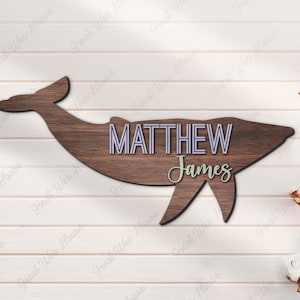 Custom Whale 3D Kid Wood Nursery Name Sign Personalized Large Beach Whale Lover Wooden Wall Decor Baby Shower Boy Birthday Gift