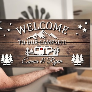 Remolque de viaje RV personalizado Bienvenido a nuestro camping Camper Wood 3D Sign Custom Camping Life Family Name Wooden Home Decor Motorhome Gift