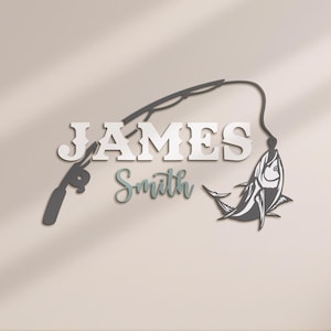 Personalized Tuna Fishing Fish Pole Wooden Nursery Name Sign Custom Fisher Name Wall Decor Decoration Baby Shower Unique Boy Kid Room Gift