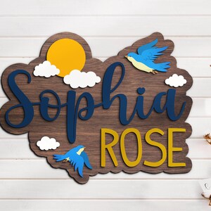 Benutzerdefinierte Bluebirds 3D Holz Kinderzimmer Namensschild personalisierte Vogel-Liebhaber-Name über Krippe Dekor-Baby-Dusche-Mädchen-Kind-Raum-Geschenk