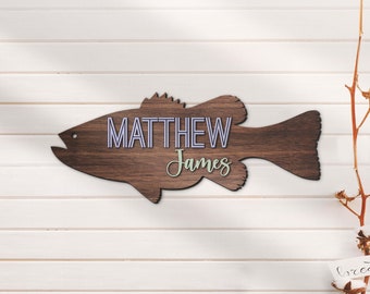 Custom Fishing 3D Kid Wood Nursery Name Sign Personalized Large Bass Fishing Animals Wooden Wall Decor Baby Shower Boy Birthday Gift