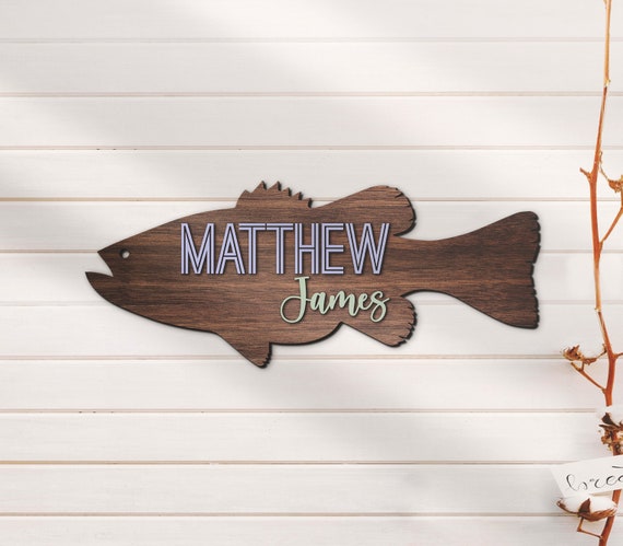 Custom Fishing 3D Kid Wood Nursery Name Sign Personalized Large Bass  Fishing Animals Wooden Wall Decor Baby Shower Boy Birthday Gift 