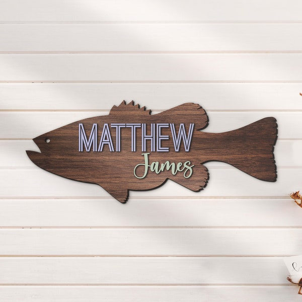 Custom Fishing 3D Kid Wood Nursery Name Sign Personalized Large Bass Fishing Animals Wooden Wall Decor Baby Shower Boy Birthday Gift