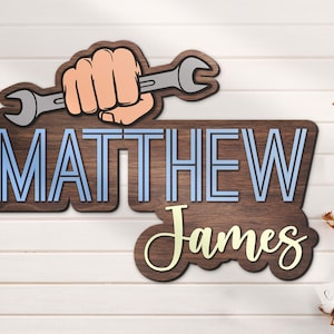 Custom Mechanic Repair Tool Wooden Nursery Name Sign Personalized Wrench Wood Crib Decoration Baby Shower Birthday Boy Kid Room Decor Gift