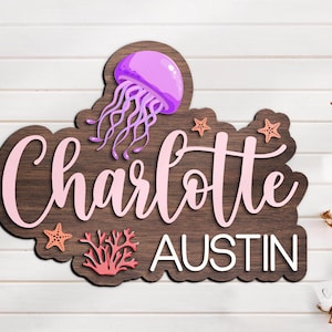 Custom Jellyfish 3D Wood Nursery Name Sign Personalized Ocean Beach Funny Name Wooden Above Crib Decor Baby Shower Girl Kid Room Gift