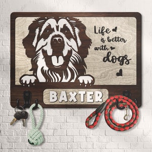 Custom Wooden Leash Holder For Wall Personalized Leonberger Dog Paw Print Key Holder Mudroom Leash Hanger Engagement Gift Dog Decor