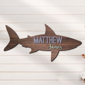 Custom Shark 3D Kid Wood Nursery Name Sign Personalized Large Beach Shark Lover Wooden Wall Decor Baby Shower Boy Birthday Gift