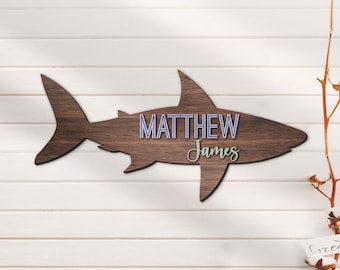 Custom Shark 3D Kid Wood Nursery Name Sign Personalized Large Beach Shark Lover Wooden Wall Decor Baby Shower Boy Birthday Gift