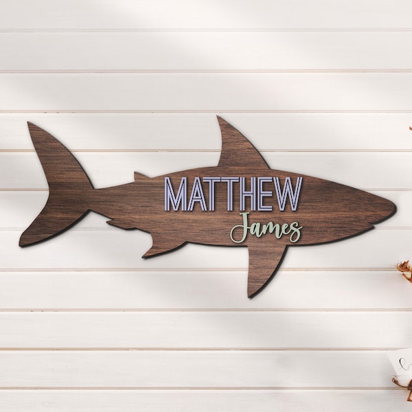 Custom Shark 3D Kid Wood Nursery Name Sign Personalized Large Beach Shark Lover Wooden Wall Decor Baby Shower Boy Birthday Gift