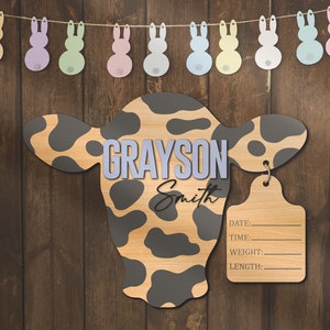 Baby Boy Cow Birth Stats Sign Nursery Announcement Cattle Tag Hospital Boy Western Baby Sign Cow Head Nursery Wall Decor Baby Shower Gift