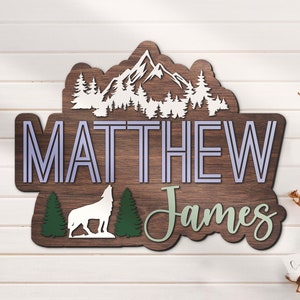 Letrero personalizado con nombre de lobo en 3D para guardería infantil, diseño de bosque, grande, de madera, para decoración de pared, regalo de cumpleaños para baby shower, niño y niña