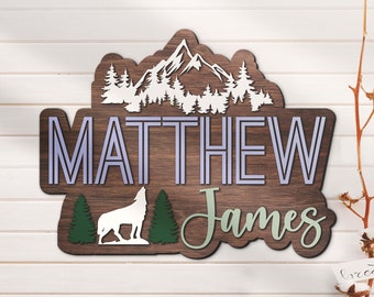 Custom Wolf 3D Kid Woodland Nursery Name Sign Personalized Large Wooden Wildlife Wall Decor Baby Shower Boy Girl Birthday Gift