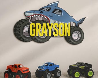 Custom  Monster Truck Wood Nursery Name Sign Personalized Truck Driver Racing Checkered Flag Wall Decor Baby Shower Boy Girl Birthday Gift