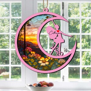 Custom Handmade Name Fairy Moon Decor, Moon Memorial Suncatcher, Loss Of Sympathy Gift, Engraved Lovers, Window Hanging