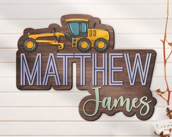 Custom Motor Grader 3D Wood Nursery Name Sign Personalized Wooden Heavy Equiment Construction Wall Decor Baby Shower Boy Girl Birthday Gift