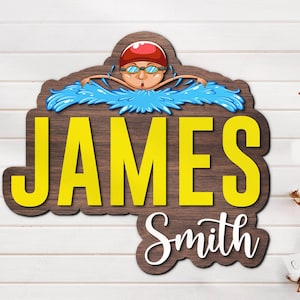 Benutzerdefinierte Schwimmen BoyKid 3D Holz Kinderzimmer Runde Namensschild Personalisierte Schwimmer Name über Krippe Dekor Baby Shower Mädchen Kinderzimmer Geschenk