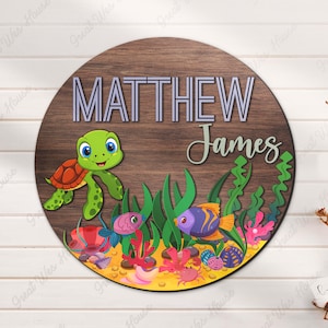 Custom Under The Sea Animal Wood Nursery Name Sign Personalized Sea Turtle Wooden Above Crib Decor Navy Sign Baby Shower Boy Girl Birthday