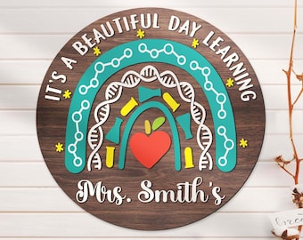 Custom Science Teacher Wood Sign Personalized Teachers Rainbow Nursery Room Wooden Home Decor Classroom Welcome Sign Back To School