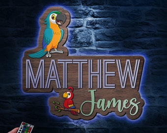 Custom Parrot Bird Wood Nursery Name LED Lights Sign Personalized Animal Safari Large Wooden Crib Wall Room Decor Baby Shower Boy Gift