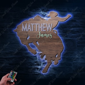 Personalizado lindo vaquero montando caballo madera vivero nombre luces LED signo personalizado occidental pared de madera decoración de la habitación Baby Shower niño regalo