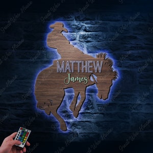 Personalizado lindo vaquero montando caballo madera vivero nombre luces LED signo personalizado occidental pared de madera decoración de la habitación Baby Shower niño regalo