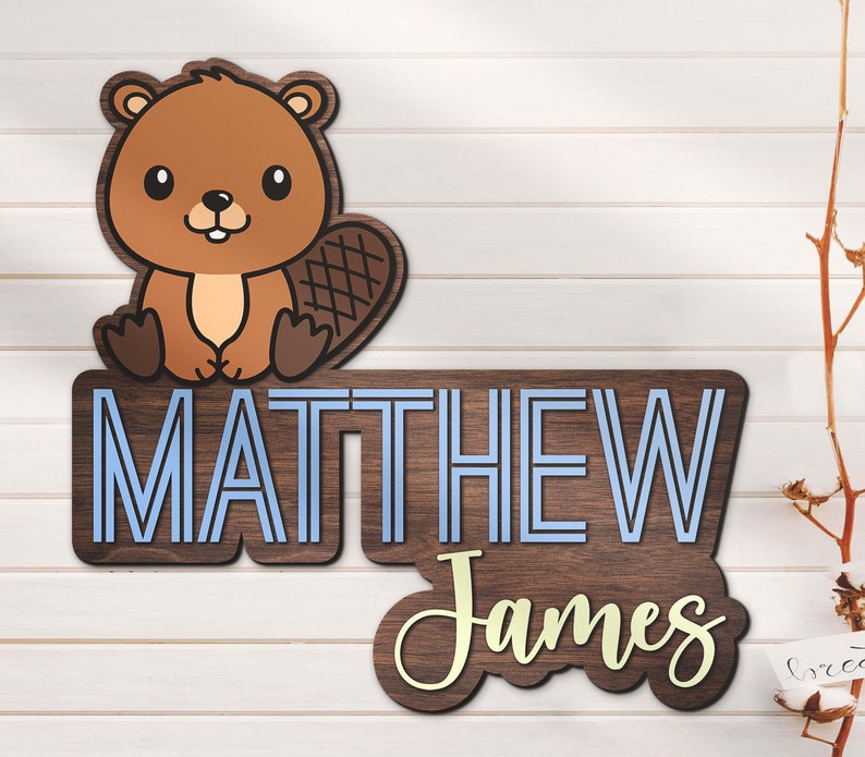 Custom Cute Beaver Wooden Nursery Name Sign Personalized Funny Wood ...