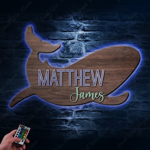 Custom Whale Wood Nursery Name LED Lights Sign Personalized Large Beach Funny Animal Large Wooden Crib Wall Room Decor Baby Shower Boy Gift