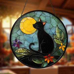 Cat Sitting On A Tree Stained Glass Suncatcher Window Hanging Decor Cat Moon Lover Gift For Mom Whale Ornament SunCatcher House Decor