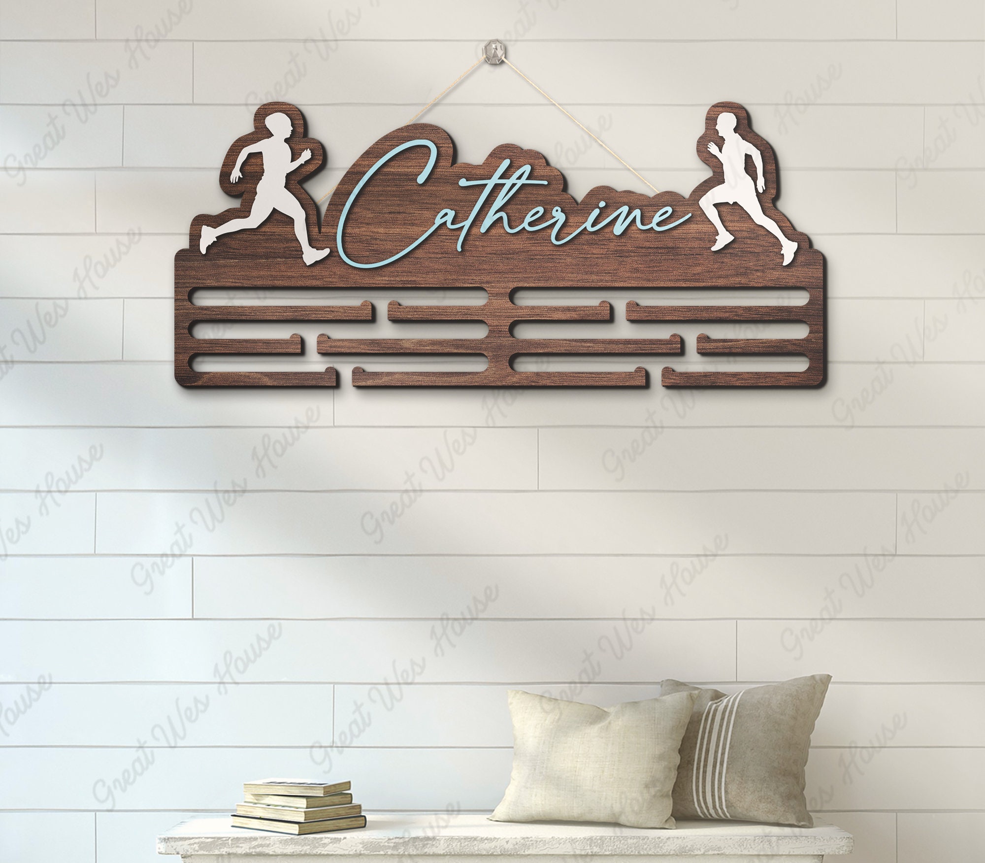 Porte-médailles Personnalisable équitation - Support Mural En Bois Avec Ruban, Nom Gravé, Silhouette Cheval