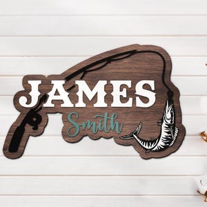 Custom Mackerel Fish Pole Wood Nursery Name Sign Personalized Fisher Name Wooden Door Sign Decor Baby Shower Boy Girl Birthday Gift