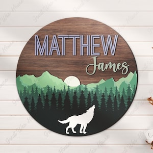 Letrero de madera 3D personalizado con diseño de lobo y árbol de bosque para guardería, decoración de madera sobre cuna, regalo de cumpleaños para niño y niña