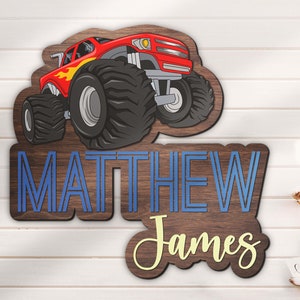 Custom Monster Truck 3D Wood Nursery Name Sign Personalized Large Wooden Above Crib Decor Wall Art Baby Shower Boy Girl Birthday Gift