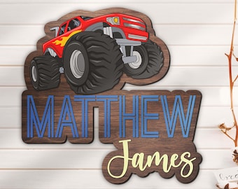 Custom Monster Truck 3D Wood Nursery Name Sign Personalized Large Wooden Above Crib Decor Wall Art Baby Shower Boy Girl Birthday Gift