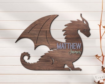 Custom Dragon 3D Kid Wood Nursery Name Sign Personalized Large Dragon Lover Wooden Wall Decor Baby Shower Boy Birthday Gift