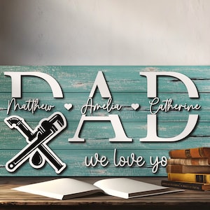 Custom Plumbing Dad Kid Name Wood 3D Sign Personalized Father Day Papa Grandpa Plumber Repair Service Gift Farmhoouse Home Wooden Wall Decor