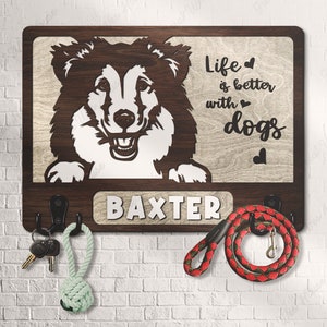 Custom Wooden Leash Holder For Wall Personalized Shetland Sheepdog Paw Print Key Holder Mudroom Leash Hanger Engagement Gift Dog Wall Decor