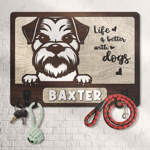 Custom Wooden Leash Holder For Wall Personalized Miniature Schnauzer Paw Print Key Holder Mudroom Leash Hanger Engagement Gift Dog Decor