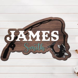 Custom Catfish Fish Pole Wood Nursery Name Sign Personalized Fisher Name Wooden Door Sign Decor Baby Shower Boy Girl Birthday Gift
