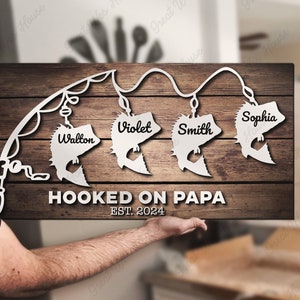 Custom Bass Fishing Hook On Papa Dad Kid Name Wood Sign Personalized Fisher Father Day Papa Grandpa Gift Farmhoouse Wooden Fisherman Family