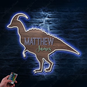 Personalizado dinosaurio madera vivero nombre luces LED signo personalizado Parasaurolophus Safari T Rex madera pared habitación decoración bebé ducha niño regalo